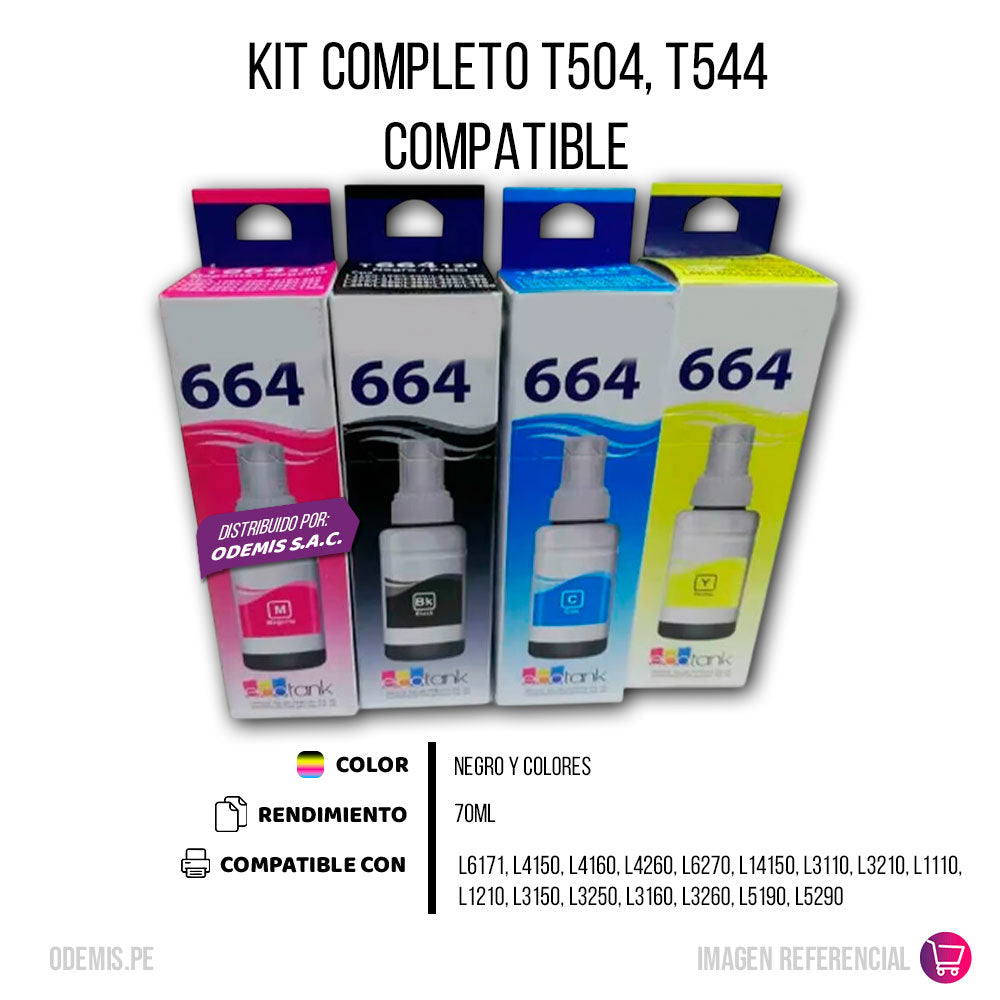 Kit de Tinta Epson T544, T504 Negro y colores 75ml L4260 Compatible