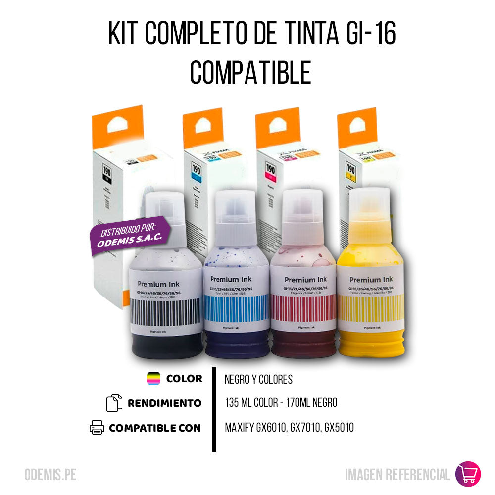Kit de Tinta Canon GI-16 Negro y colores GX6010 Compatible