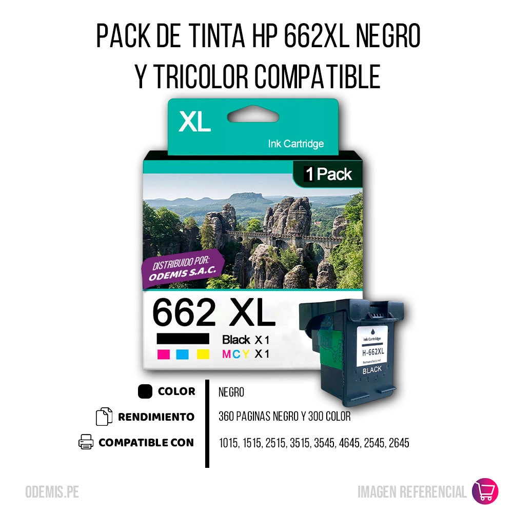 Pack de Tinta HP 662XL Negro y Tricolor para 1015, 2515 Compatible
