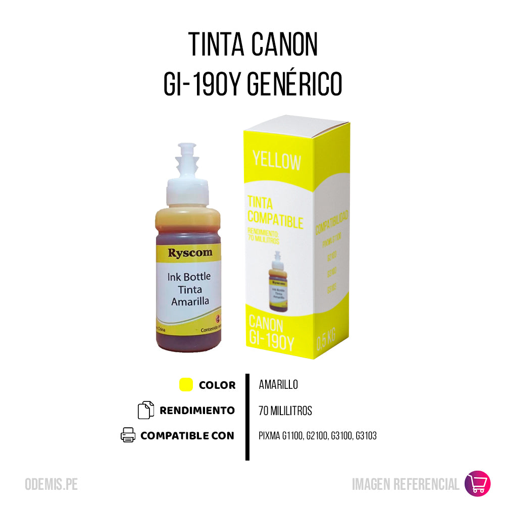 Tinta Canon GI-190Y Yellow 70ml G1100, G2100 Compatible