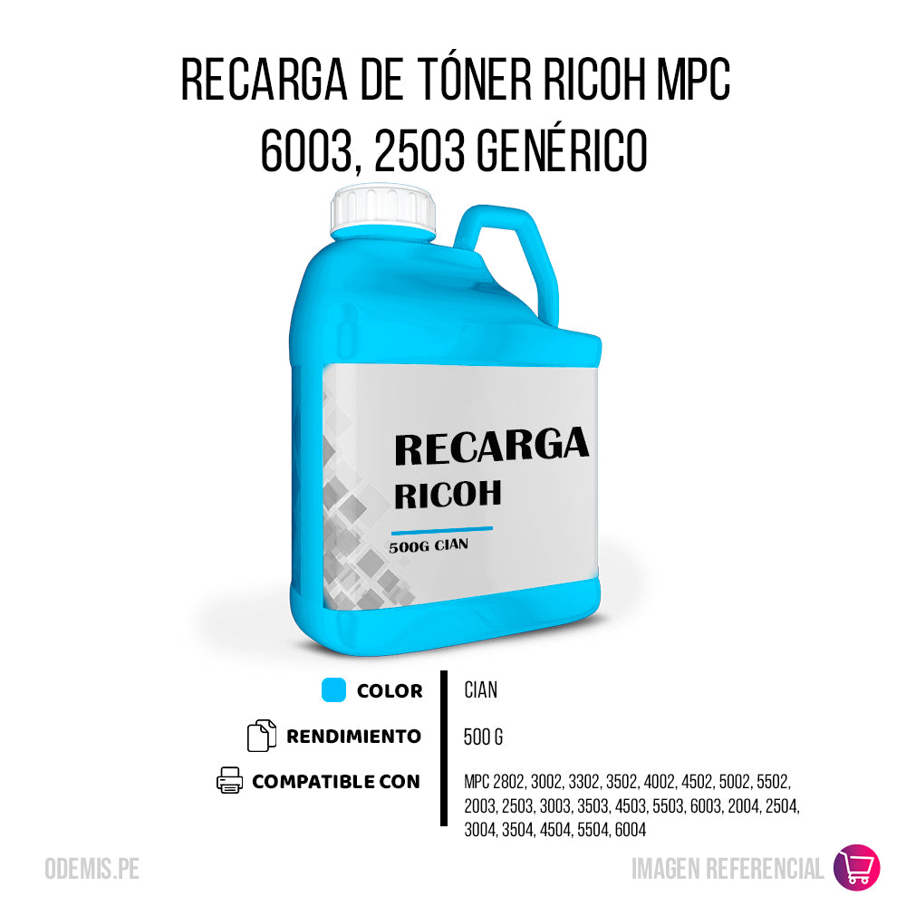 Recarga de Toner Ricoh MPC 6003, C2503 Cian 500g Compatible