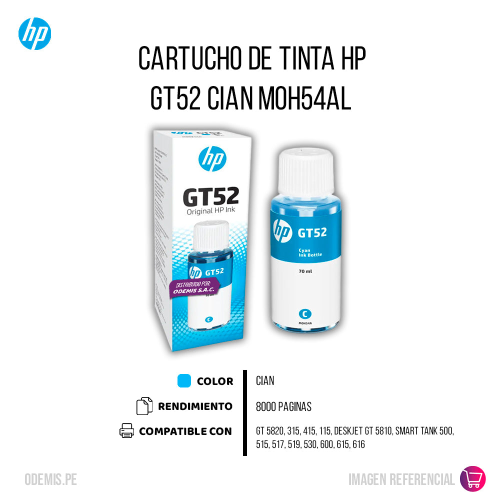 Tinta HP GT52 Cian M0H54AL 70ml 100, 300 series Original