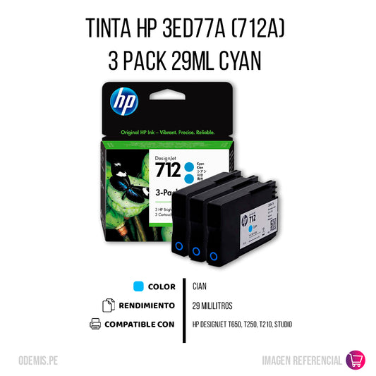 Pack de 3 Tintas Hp 712A Cian 3ED77A 29ml T650 Original