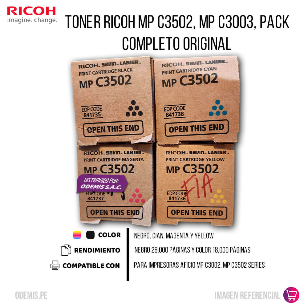 Toner Ricoh MP C3502, MP C3003, Pack Completo Original