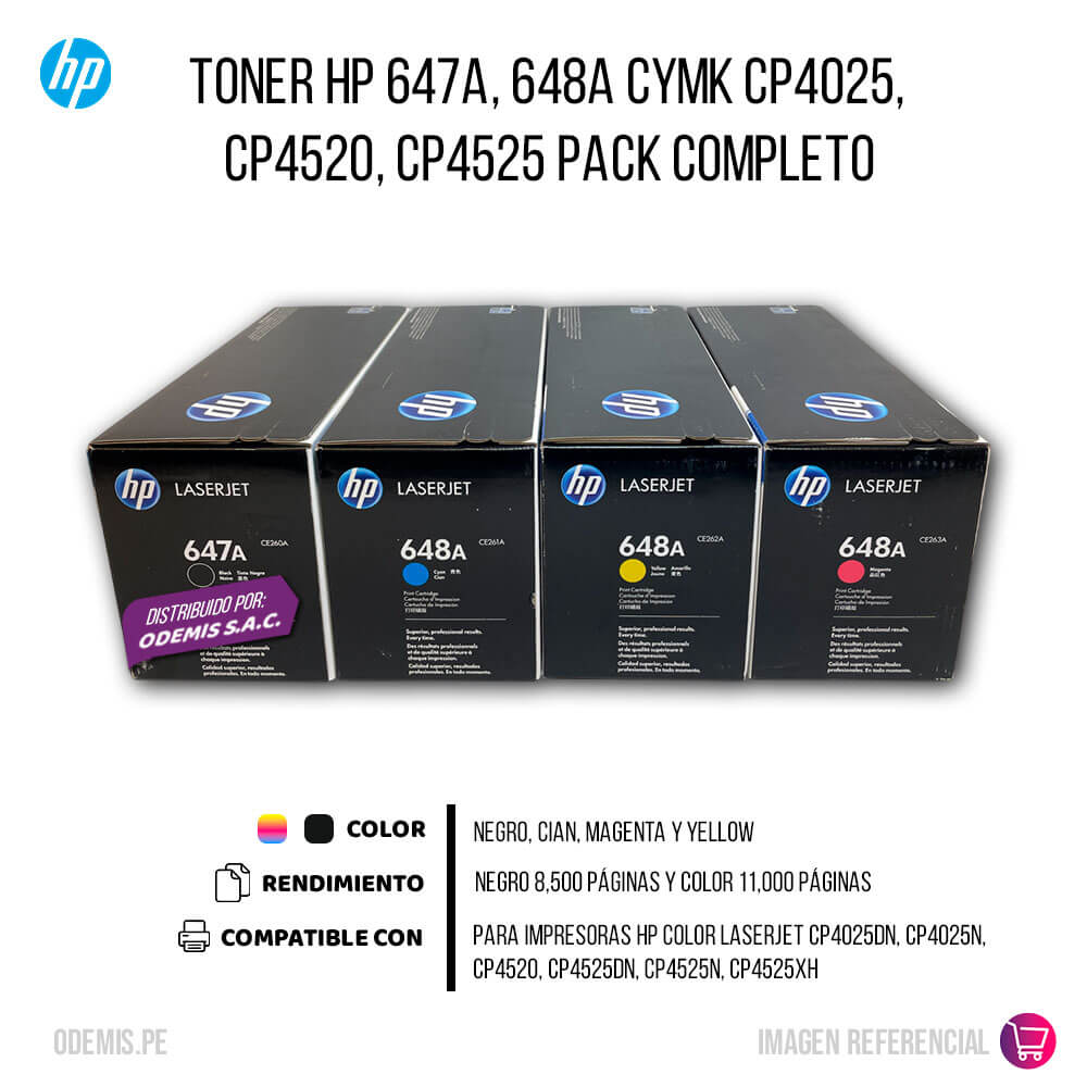 Toner Hp 647A, 648A CYMK CP4025, CP4520, CP4525 Pack Completo