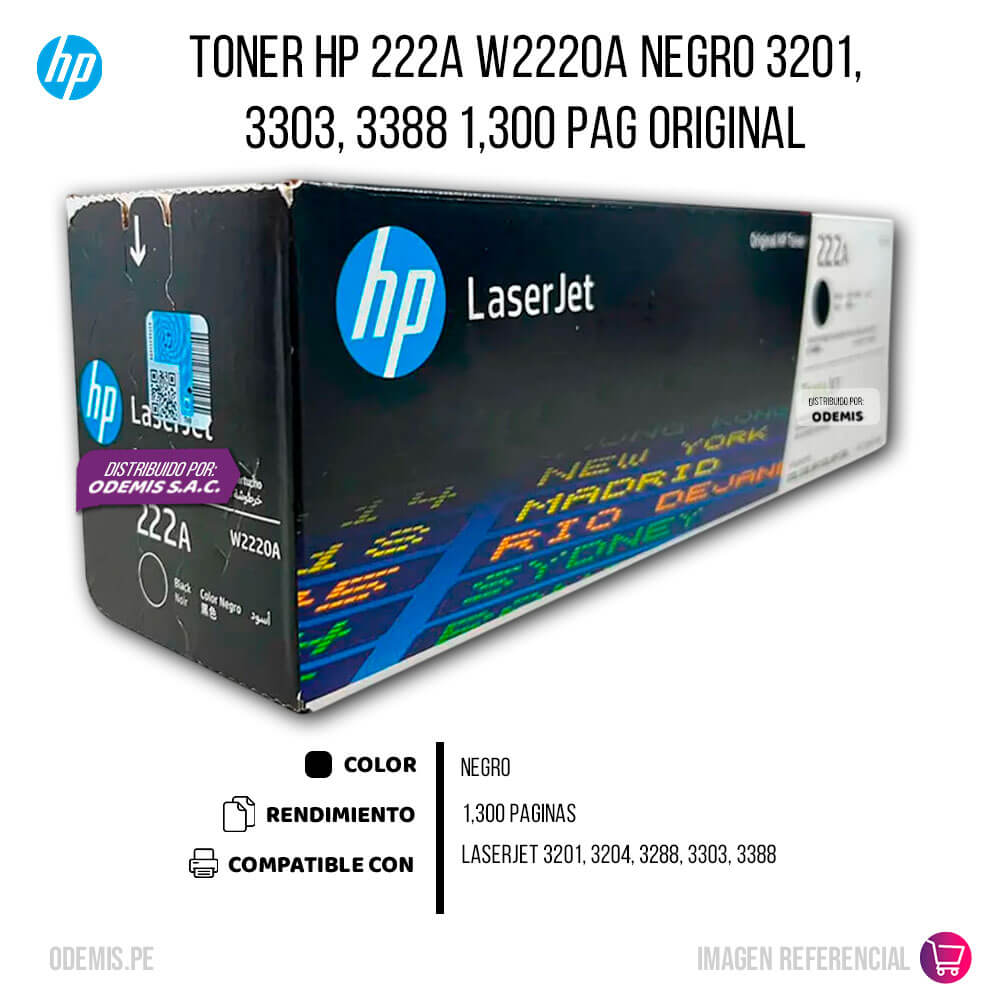 Toner Hp 222A W2220A Negro 3201, 3303, 3388 1,300 pag Original