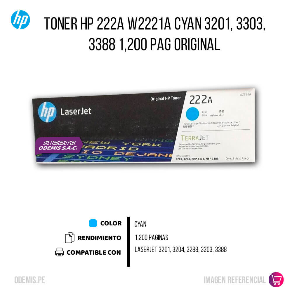 Toner Hp 222A W2221A Cyan 3201, 3303, 3388 1,200 pag Original