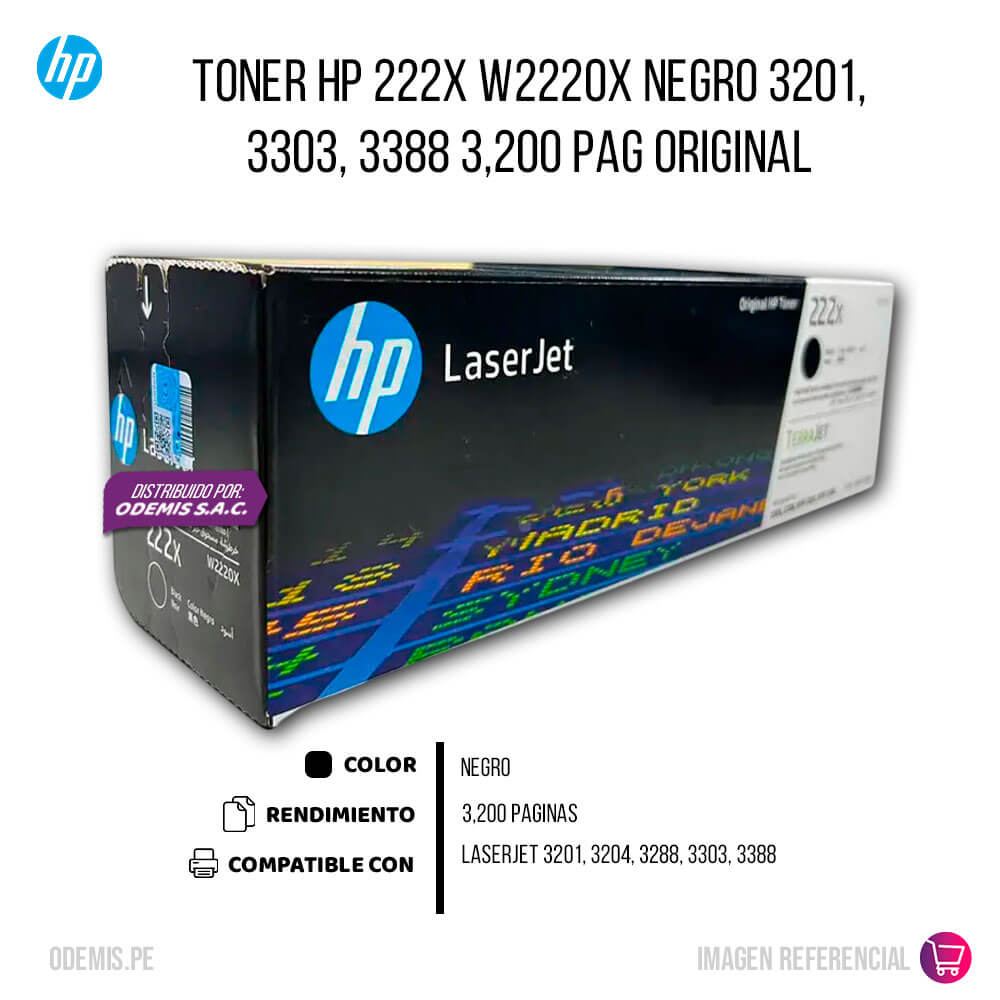 Toner Hp 222X W2220X Negro 3201, 3303, 3388 3,200 pag Original