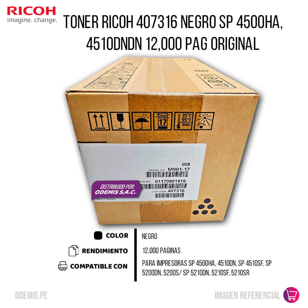 Toner Ricoh 407316 Negro SP 4500HA, 4510DNDN 12,000 pag Original