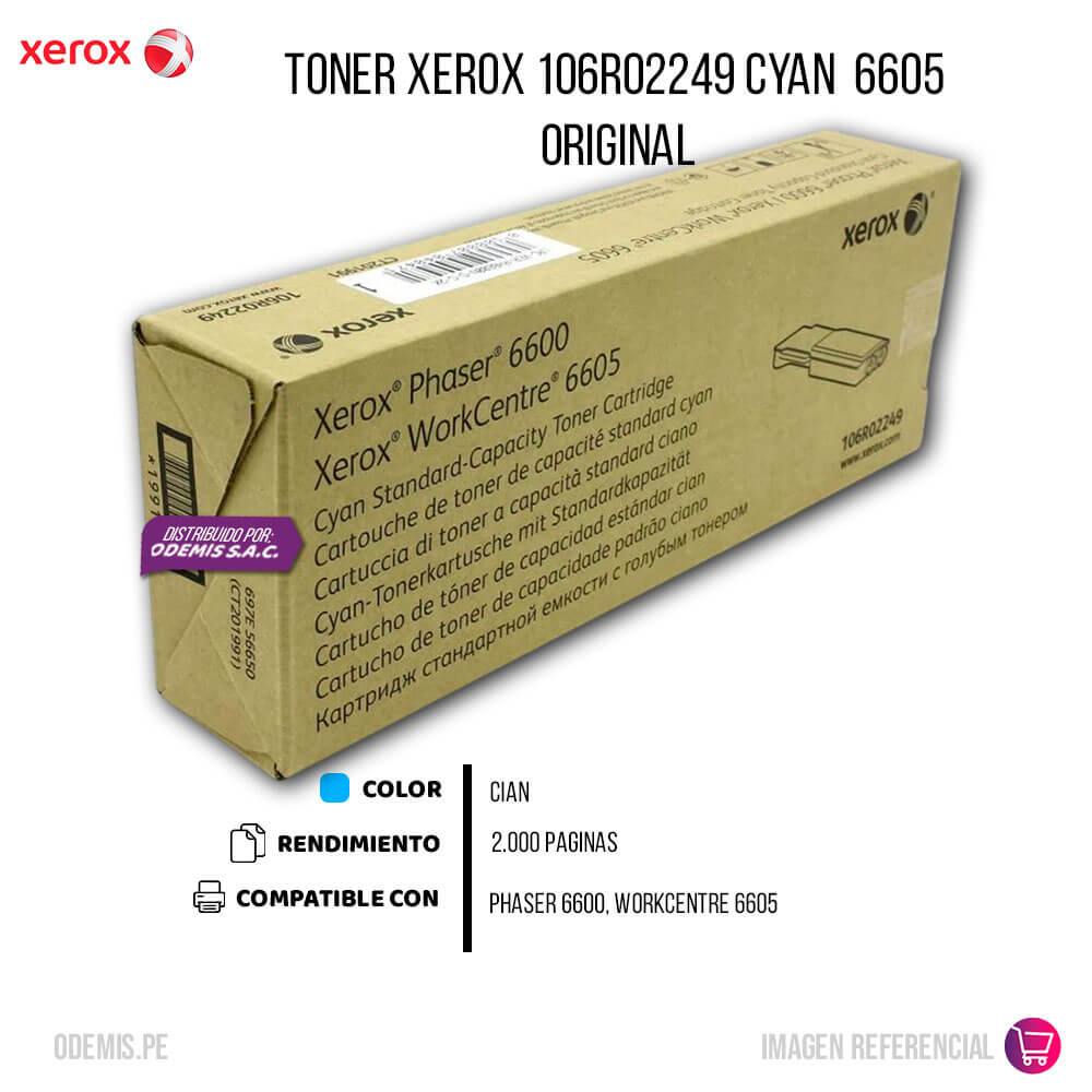 Toner Xerox 106R02249 Cyan PH 6600, WC 6605 2,000 pag
