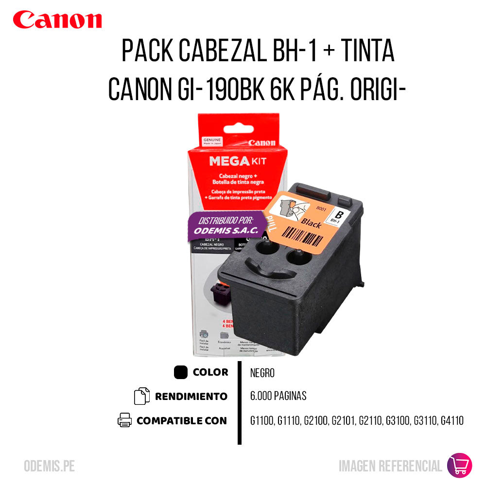 Pack Cabezal BH-1 + Tinta Canon GI-190BK 6K Pág. Original