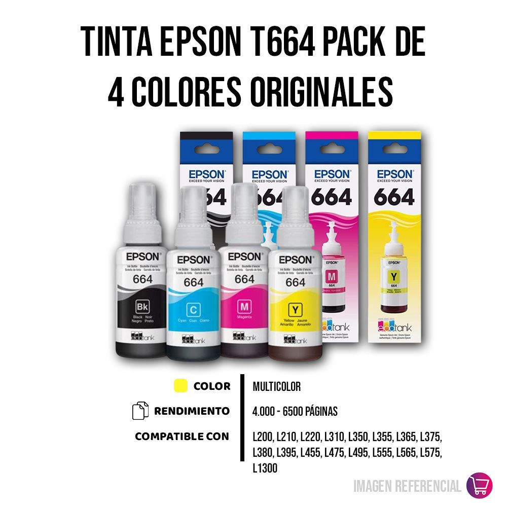 Kit Tintas Epson T664 Negro y colores 70ml L455 Original