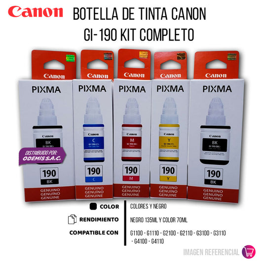 Kit Tintas Canon GI-190 Negro 70ml y colores 135ml G3110 Original
