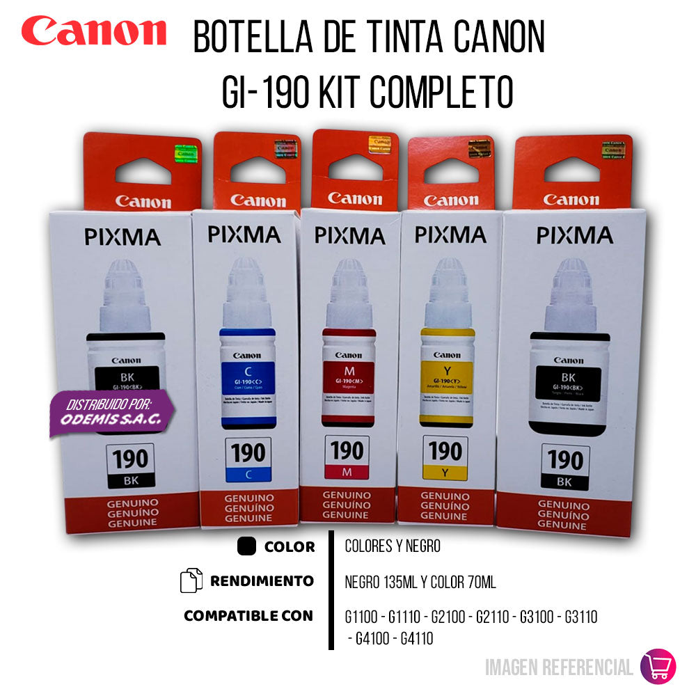 Kit Tintas Canon GI-190 Negro 70ml y colores 135ml G3110 Original