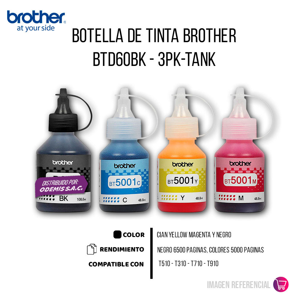 Kit Tintas Brother BT 5001 3PK Tank BTD 60BK Negro y colores Original