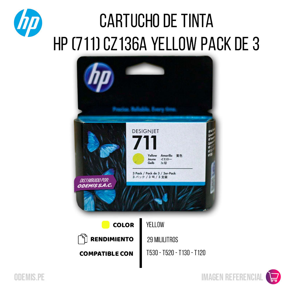 Pack de 3 Tintas HP 711 Yellow CZ136A 29ml T120 Original