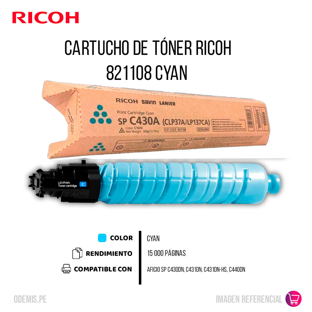 Toner Ricoh 821108 Cian 15K Pág. SP C430A, C431 Original
