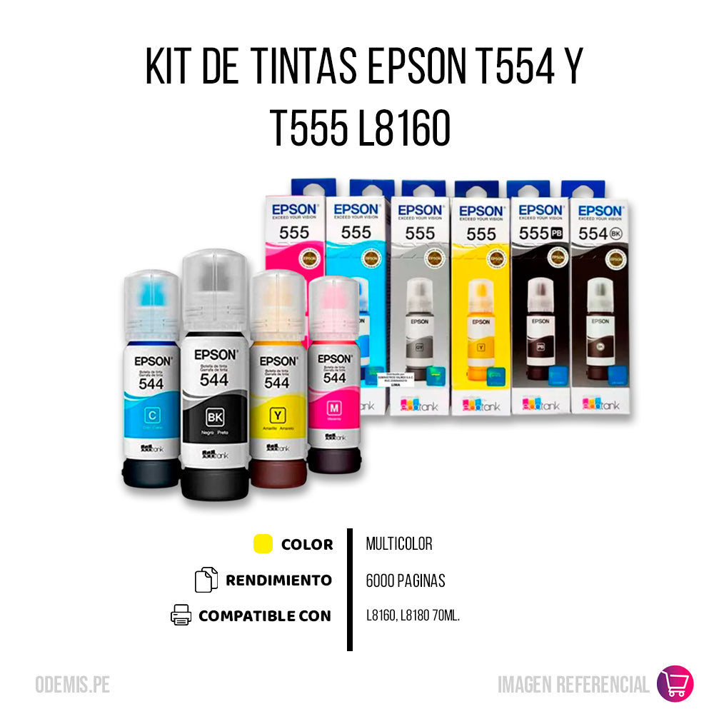 Kit Tintas Epson T554 y T555 Negro y colores 70ml L8160 Original