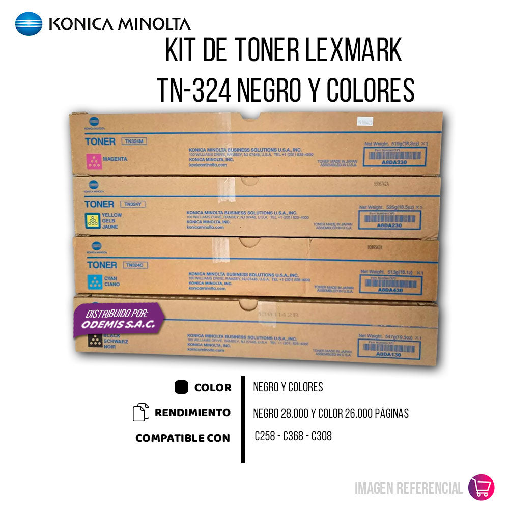 Pack de Toner Konica Minolta TN-324k Color y negro 26K Pag C258 Original