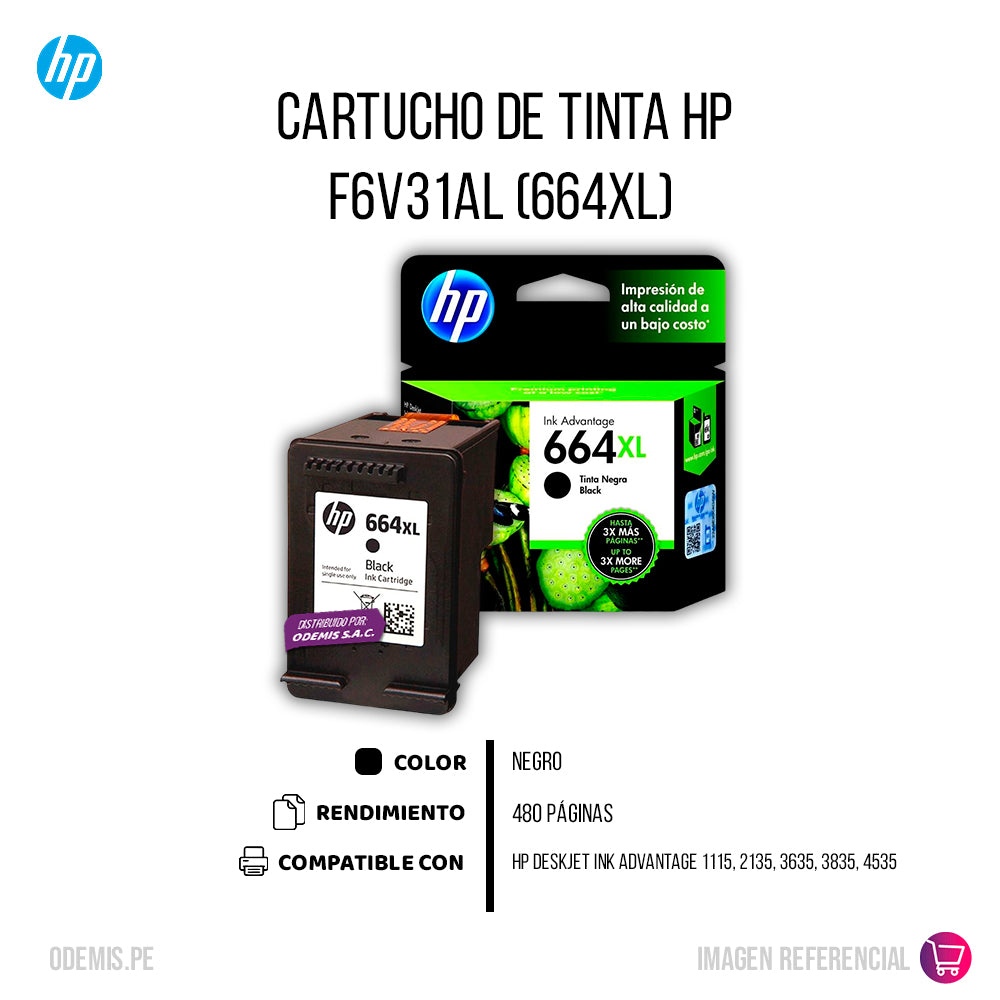 Tinta Hp 664Xl Negro F6V31Al 480 Pág. 1115 Original
