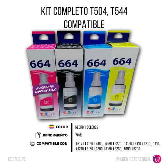 Kit de Tinta Epson T544, T504 Negro y colores 75ml L4260 Compatible