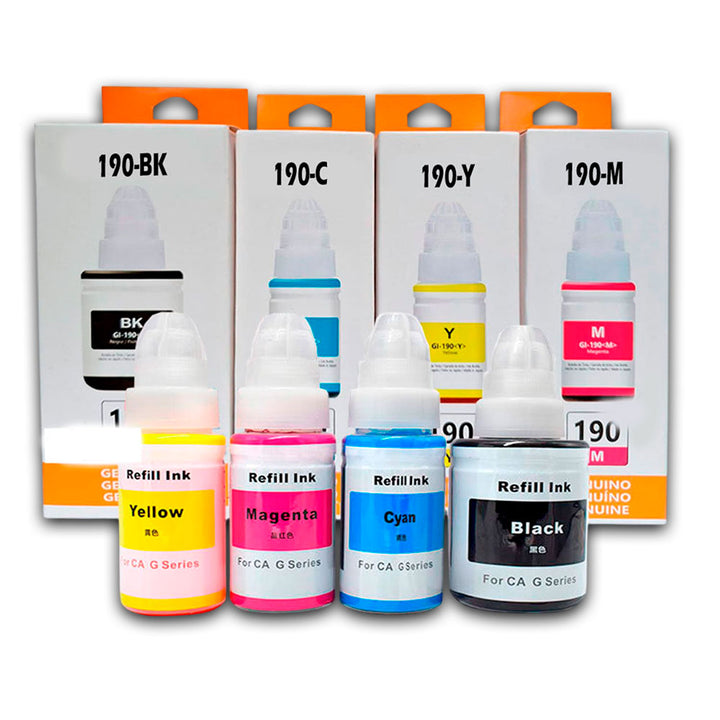 Kit de Tinta Canon GI-190 Negro 70ml y colores 135ml Compatible