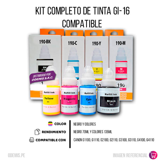 Kit de Tinta Canon GI-190 Negro 70ml y colores 135ml Compatible