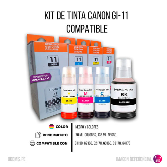 Kit de Tinta Canon GI-11 Negro y colores G3160 Compatible