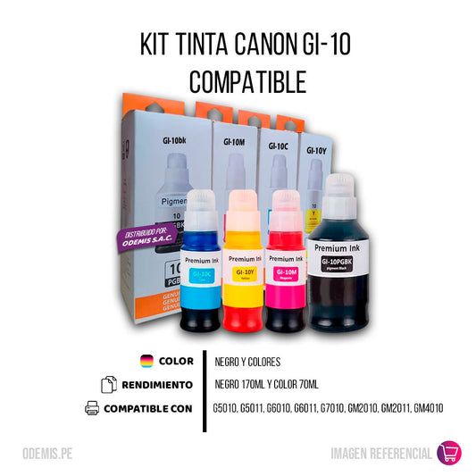 Kit Tinta Canon GI-10 Negro 170ml y color 70ml G7010 Compatible
