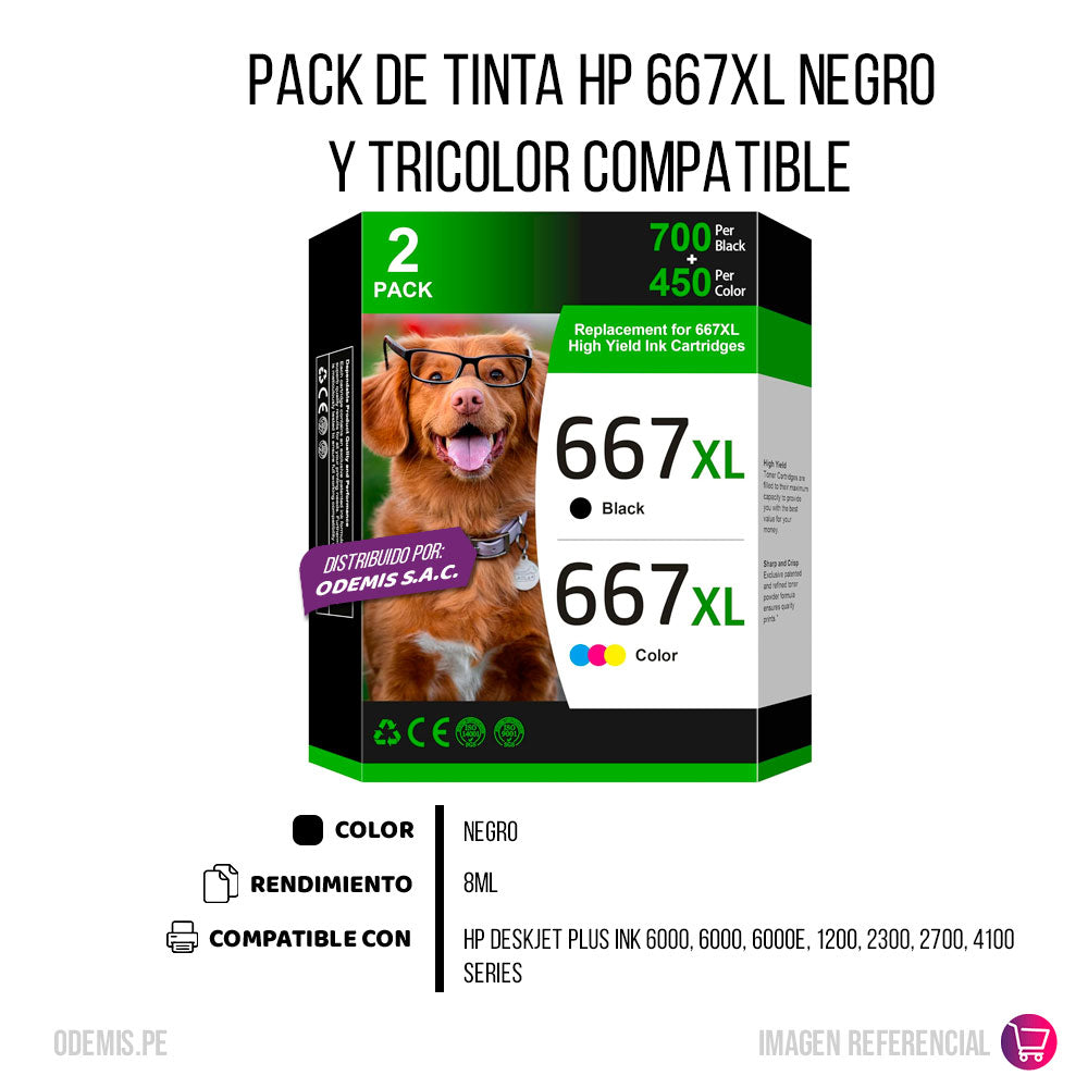 Pack de Tinta HP 667XL Negro y Tricolor 8ml para 1200 Compatible