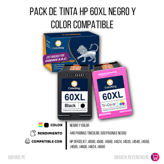 Kit de Tinta HP 60XL Negro y Tricolor para F4435, J4550 Compatible