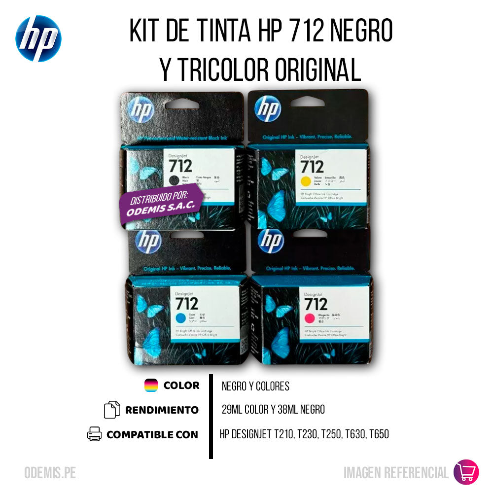 Kit de Tinta HP 712 Negro y Tricolor para T210, T250 Original