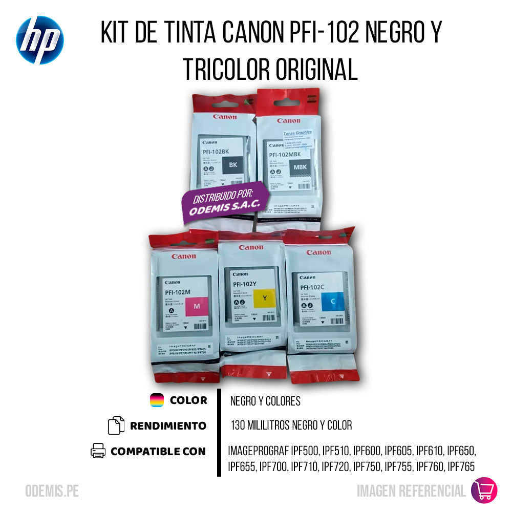 Kit de Tinta Canon PFI-102 Negro y Tricolor iPF750 Original