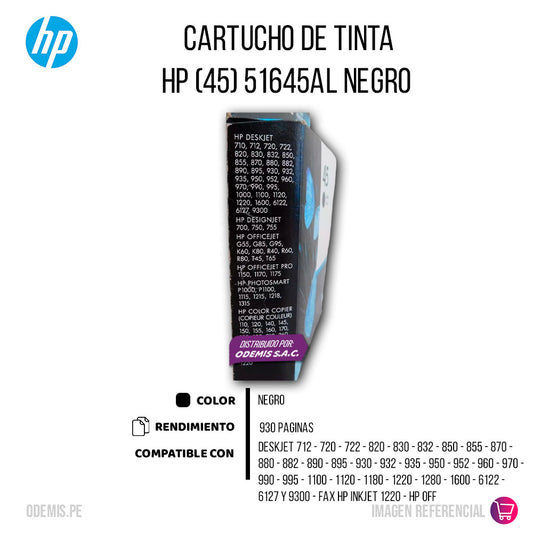 Tinta HP 45 Negro 51645Al 930 Pág. 980, 1220 Original