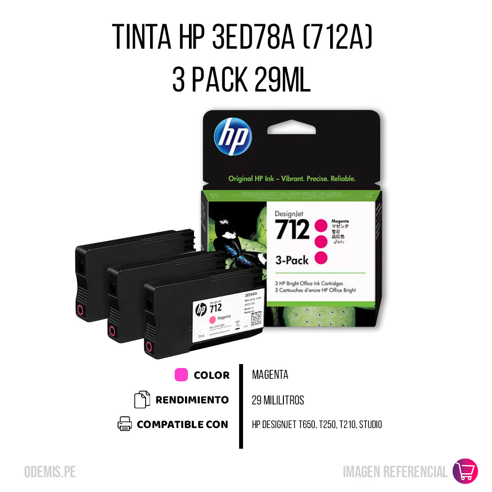 Pack De 3 Tintas HP 712 Magenta 3ED78A 29ml T650 Original