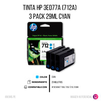 Pack de 3 Tintas Hp 712A Cian 3ED77A 29ml T650 Original
