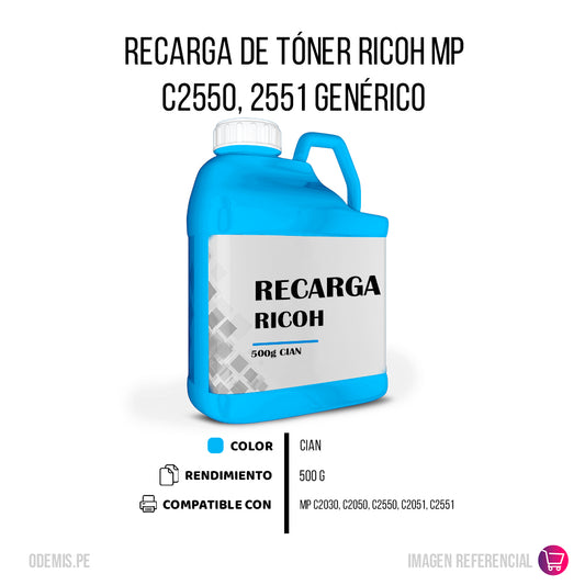 Recarga de Toner Ricoh MP C2550, C2551 Cian 500g Compatible