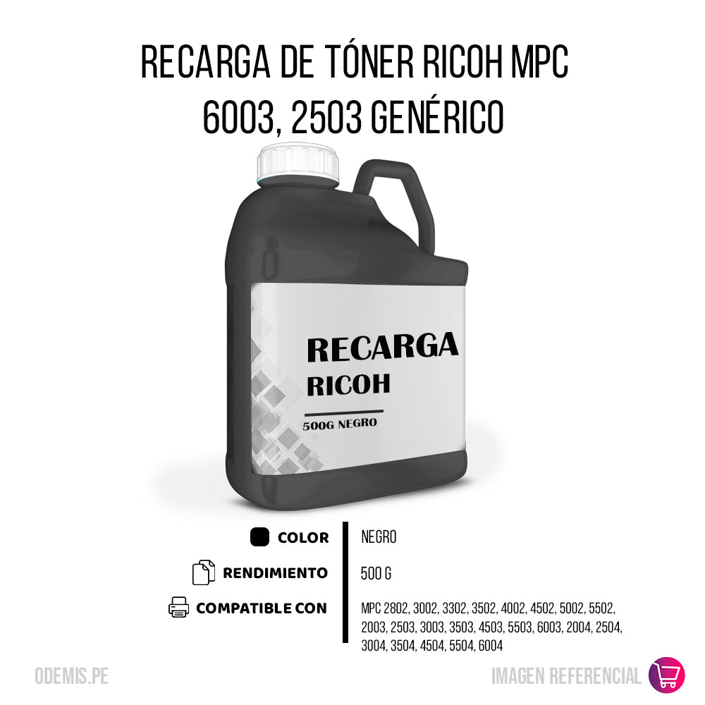 Recarga de Toner Ricoh MPC 6003, C2503 Negro 500g Compatible