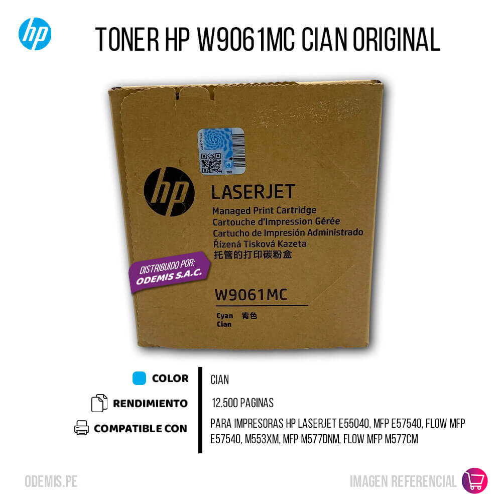 Toner Hp W9061MC Cian E55040, E57540,M553Xm 12,500 pag