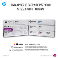 Tinta Hp 992XC Pagewide P77740Dw, 77750Z CYMK Kit Original