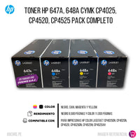Toner Hp 647A, 648A CYMK CP4025, CP4520, CP4525 Pack Completo
