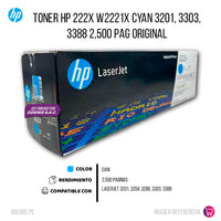Toner Hp 222X W2221X Cyan 3201, 3303, 3388 2,500 pag Original