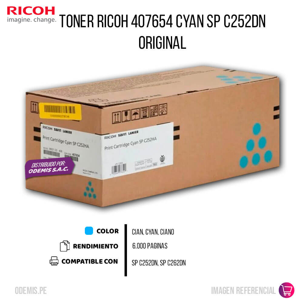 Toner Ricoh 407654 Cyan SP C252DN, C262DN 6,000 pag Original