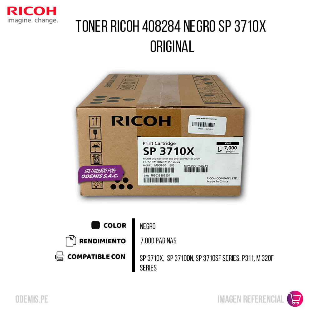 Toner Ricoh 408284 Negro SP 3710X, 3710DN 7.000 Pág Original