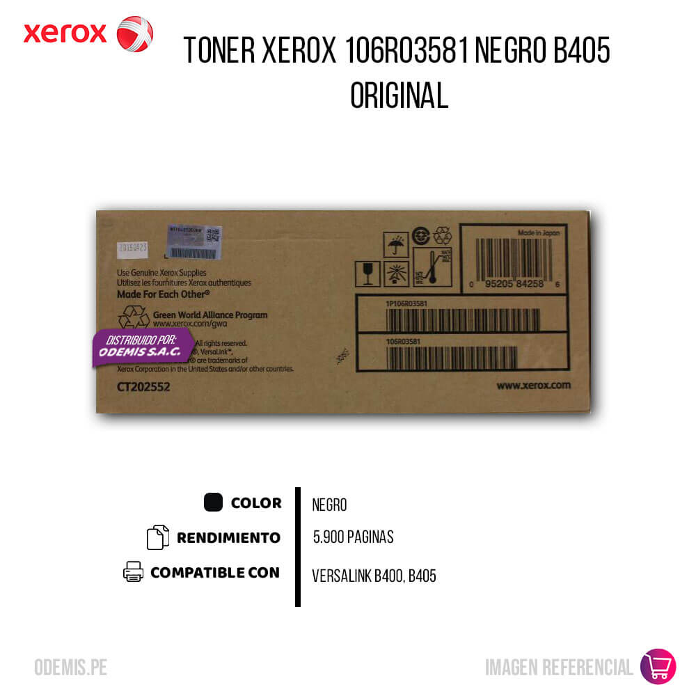 Toner Xerox 106R03581 Negro B400, B405 5,900 pag Original
