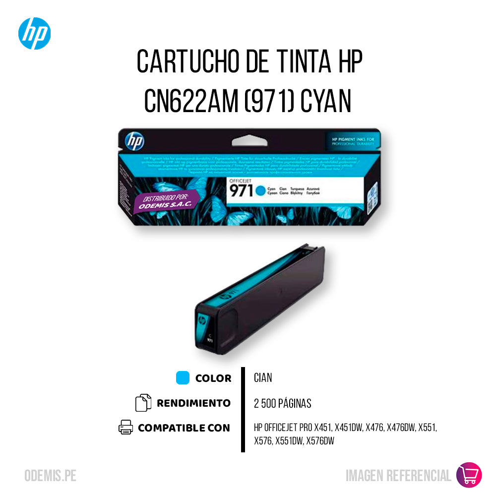 Tinta Hp 971 Cyan Cn622Am 2500 Pág. X451DW Original