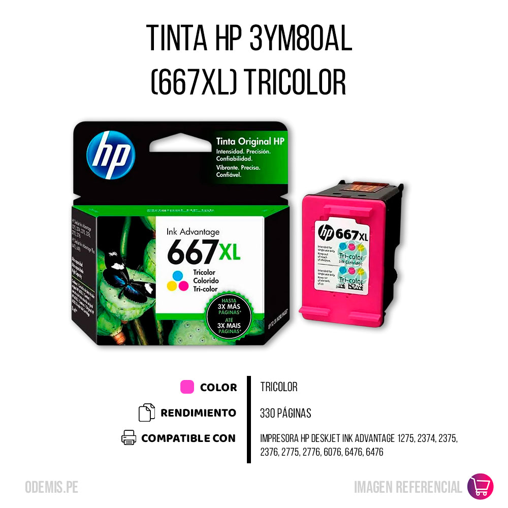 Tinta Hp 667Xl Color 3Ym80Al 330 Pág. 6000 Original