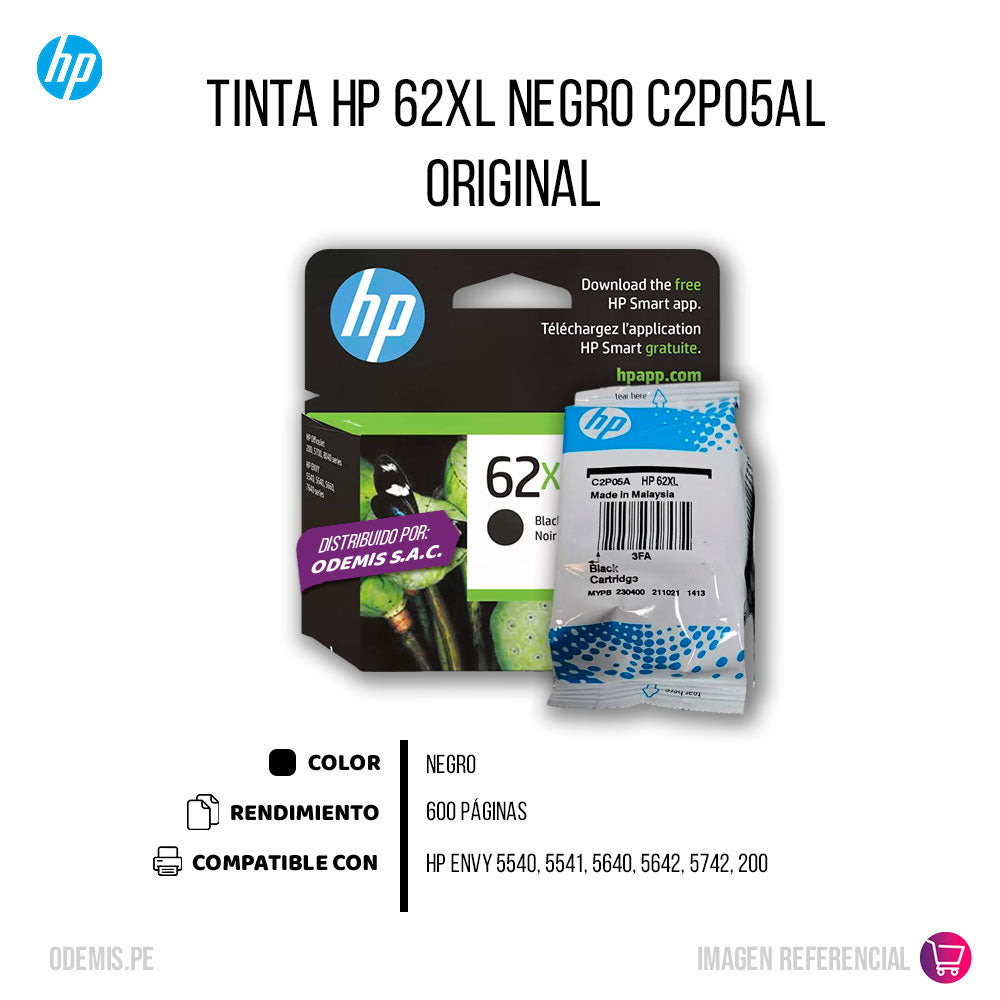Tinta Hp 62Xl Negro C2P05Al 600 Pág. 5540 Original