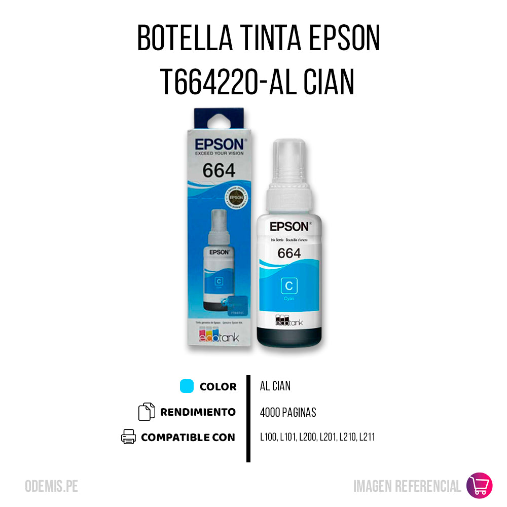 Tinta Epson T664220-Al Cian 70ml L200, L300 Original