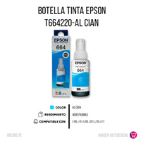 Tinta Epson T664220-Al Cian 70ml L200, L300 Original